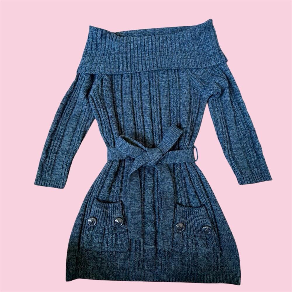 Y2K J.J. Basics Blue off the shoulder acrylic sweater dress with belt